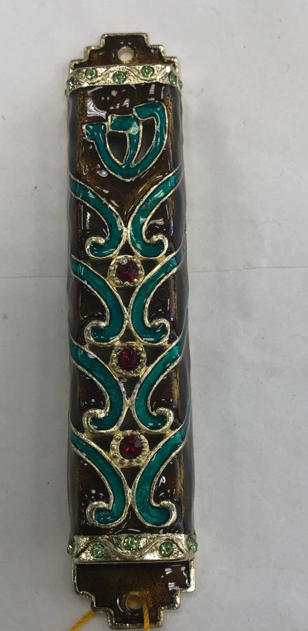 Handmade Jeweled Mezuzah Case - Brown & Green