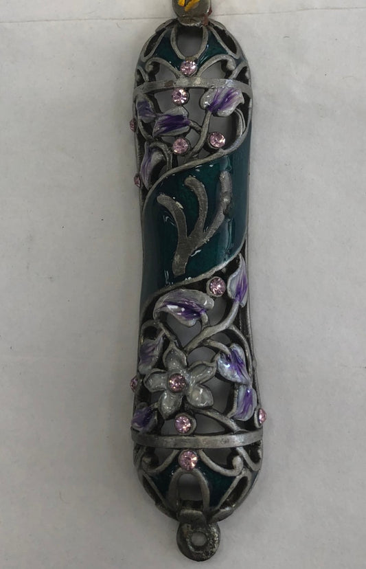 Handmade Jeweled Mezuzah Case - Floral Design