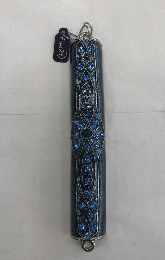 Handmade Jeweled Mezuzah Case - Blue on Blue Stones