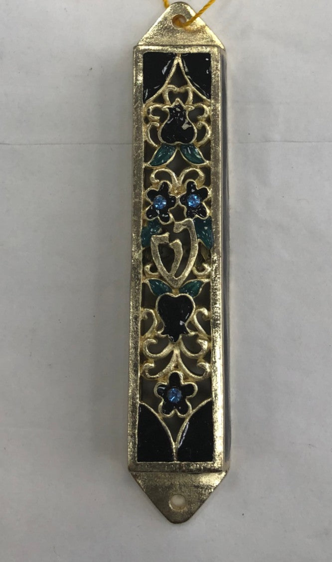 Handmade Jeweled Mezuzah Case - Gold Color with Floral Design