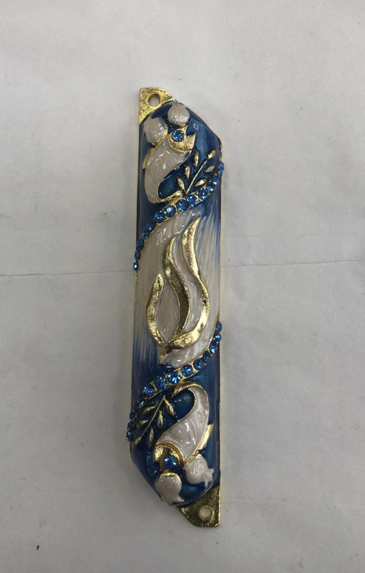 Handmade Jeweled Mezuzah Case - Blue & Gold