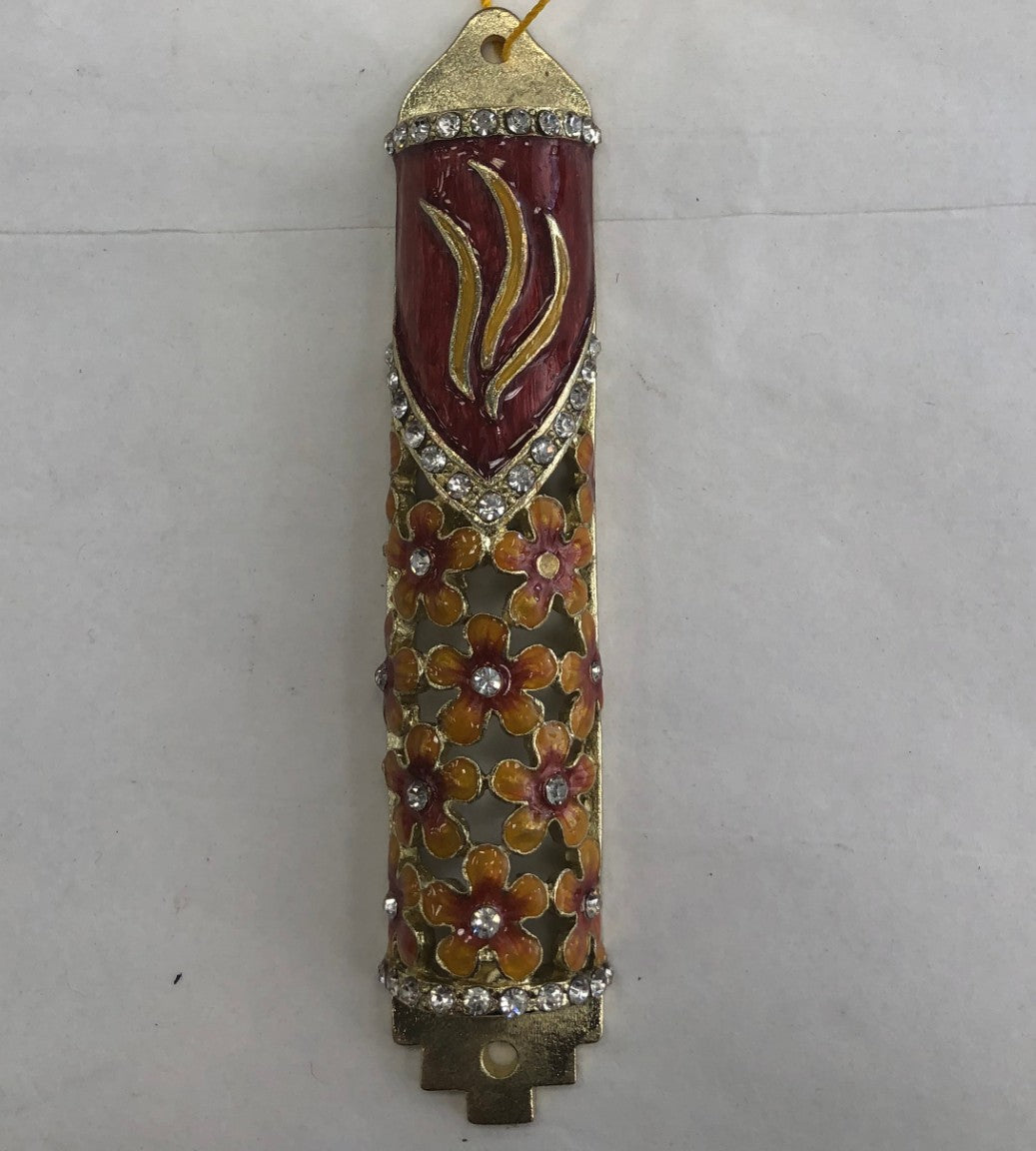 Handmade Jeweled Mezuzah Case with Floral Motif - Amber