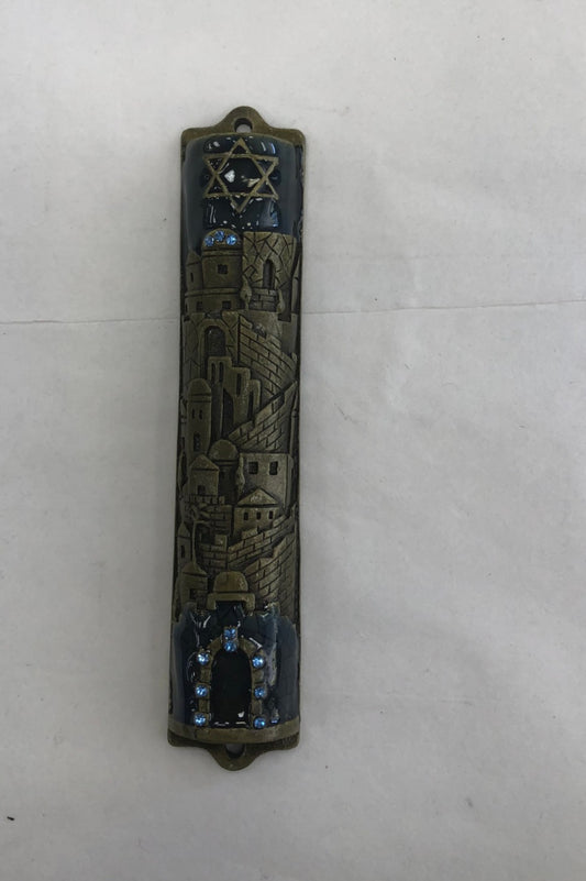 Handmade Jeweled Mezuzah Case with Jerusalem Motif - Navy