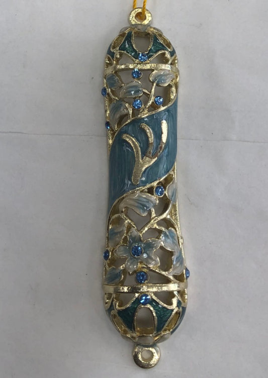 Handmade Jeweled Mezuzah Case with Flowers, Blue