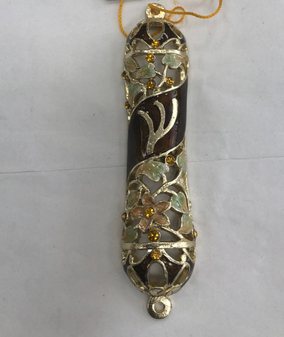 Handmade Jeweled Mezuzah Case with Flowers, Brown