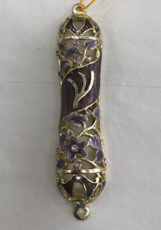 Handmade Jeweled Mezuzah Case with Flowers, Violet