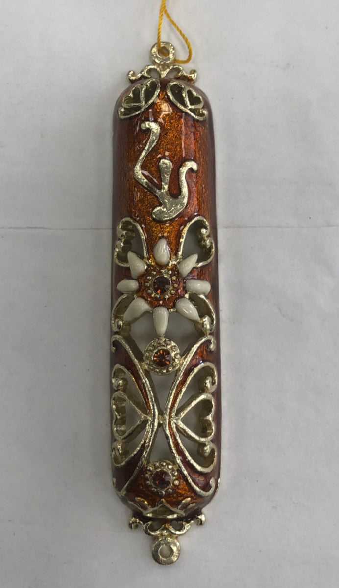 Handmade Jeweled Mezuzah Case with Hearts - Brown