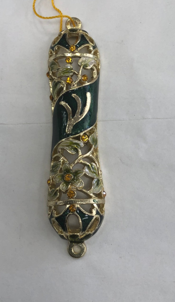 Handmade Jeweled Mezuzah Case with Flowers, Hunter Green