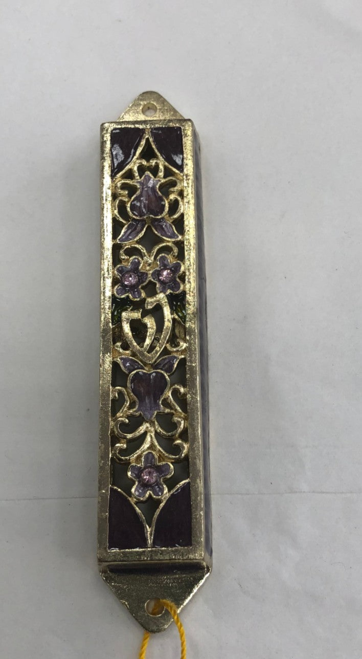 Metal Mezuzah Case with Enamel- Floral, Deep Purple