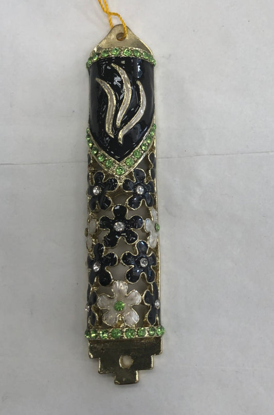 Jeweled Mezuzah Case - Navy with Green Stones