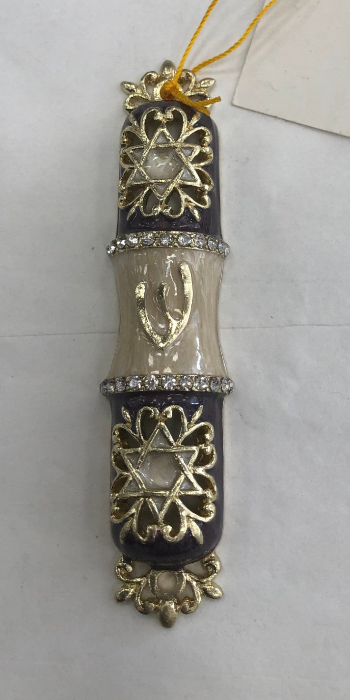 Jeweled Mezuzah Case with Jewish Star, Navy & White