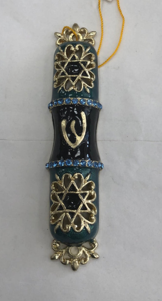 Jeweled Mezuzah Case with Jewish Star, Hunter Green & Navy