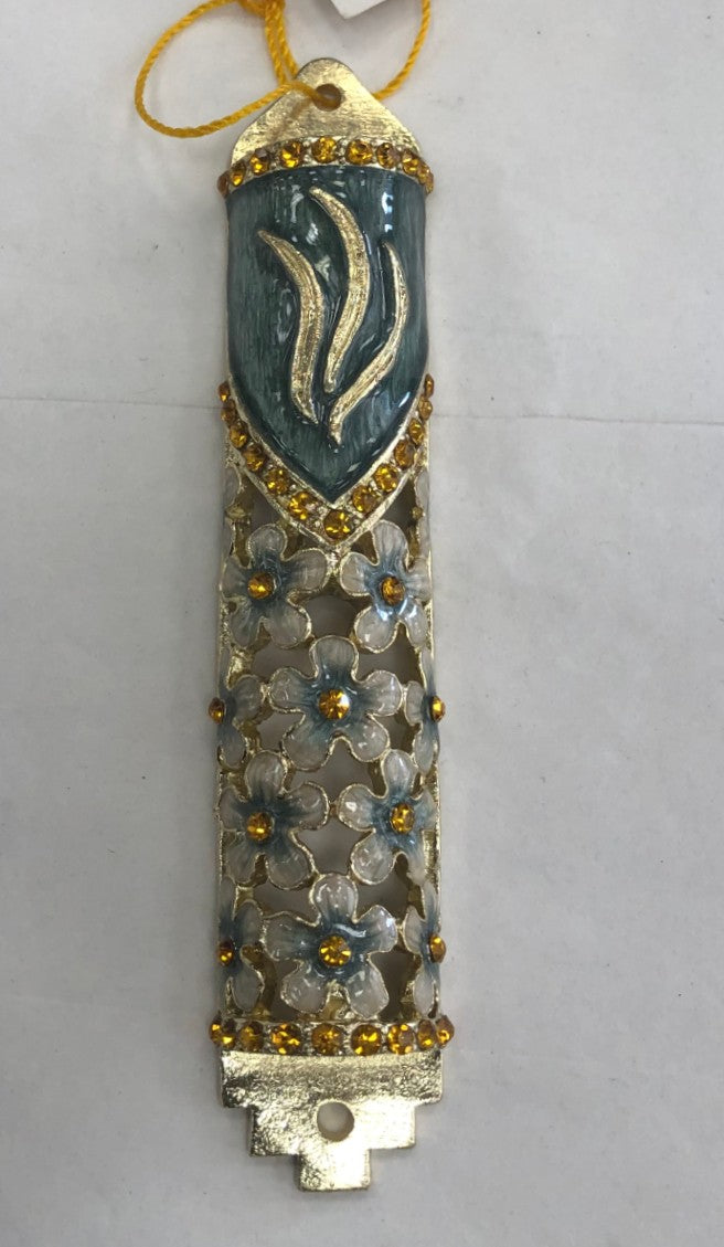 Jeweled Mezuzah Case with Enamel, White Flowers