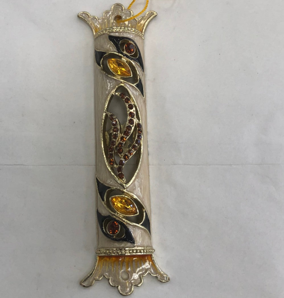 Jeweled Mezuzah Case with Enamel, Cream