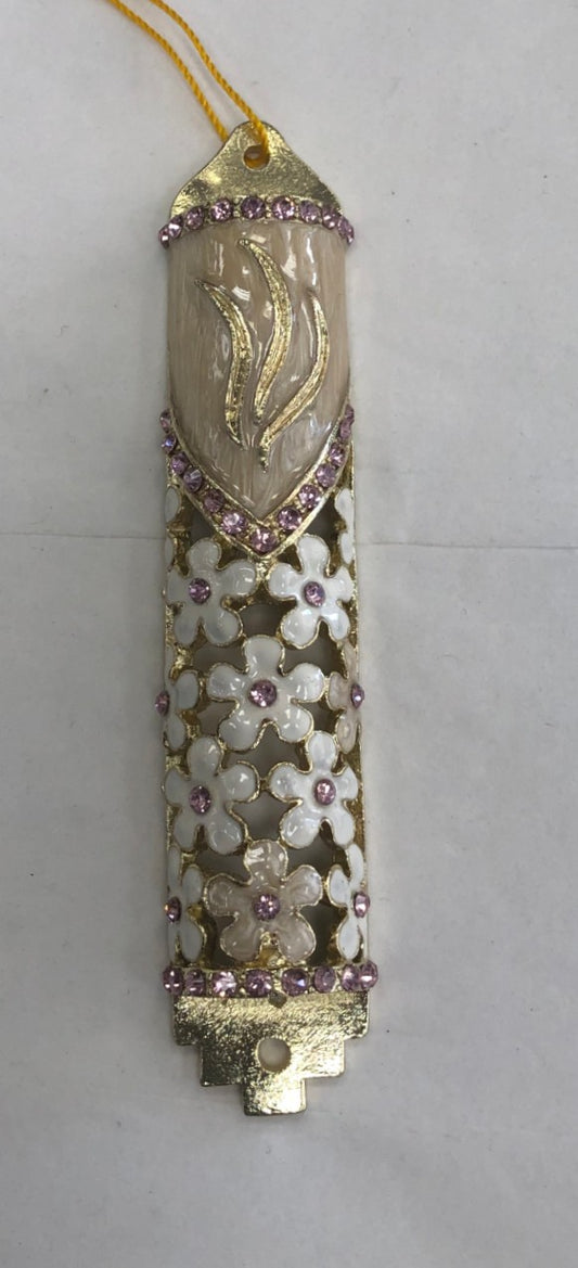 Jeweled Mezuzah Case with Enamel, Cream & White