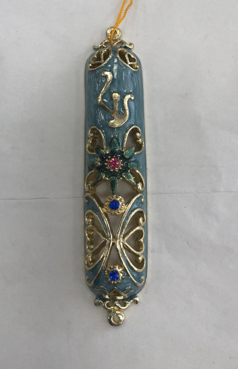 Jeweled Mezuzah Case with Enamel, Hearts - Blue