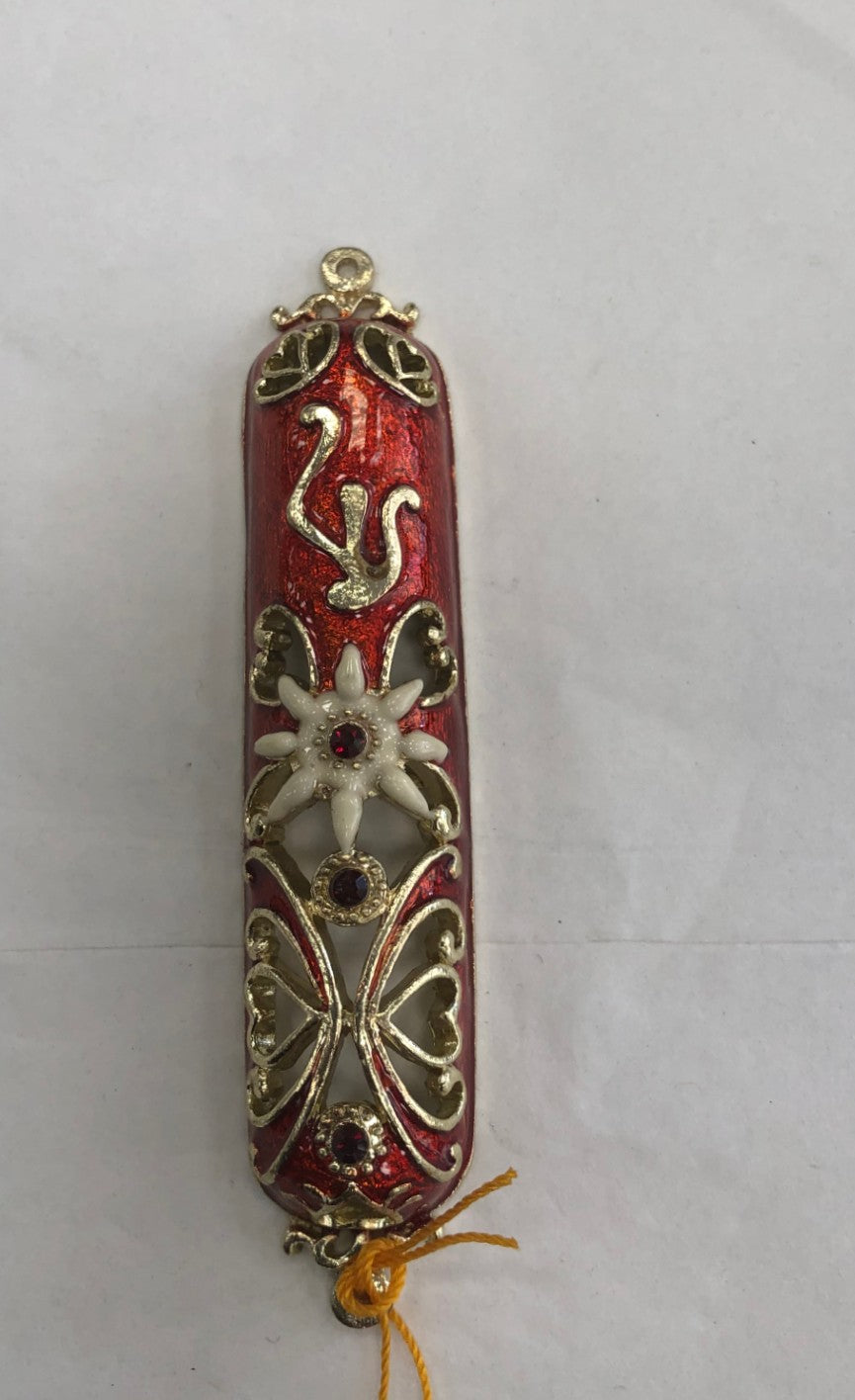 Jeweled Mezuzah Case with Enamel, Hearts - Ruby Red