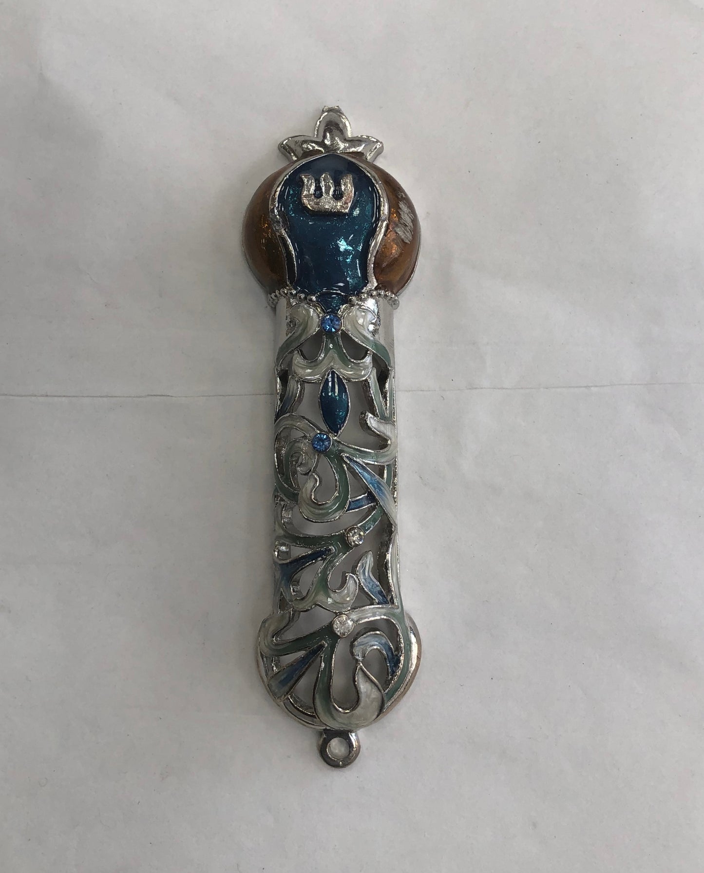 Jeweled Mezuzah Case with Enamel, Pomegranate - Regal Blue