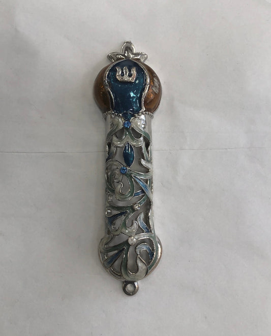 Jeweled Mezuzah Case with Enamel, Pomegranate - Regal Blue