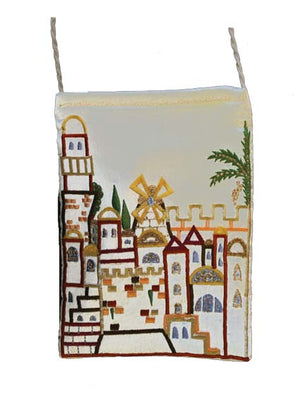 White Jerusalem Embroidered Bag (EM-PB1W) - Riverdale Judaica