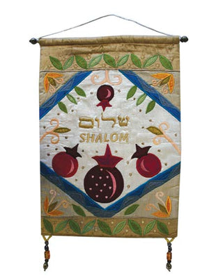 Shalom in Hebrew and English Pomegranates Wall Hanging - Riverdale Judaica
