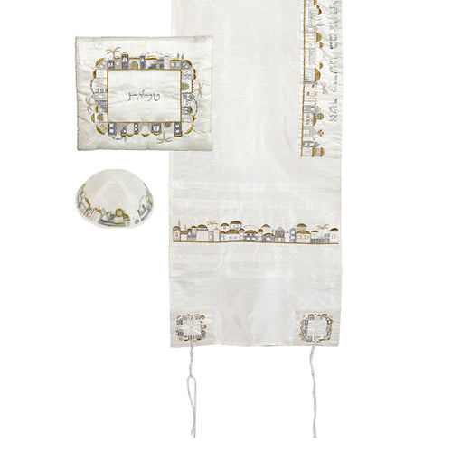 Tallit- Embroidered Jerusalem in gold & silver (EM-TAB2Z) - Riverdale Judaica