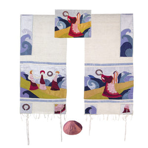 Yair emanuel Embroidered Raw Silk Tallit  - Miriam and the drum TFA-1 - Riverdale Judaica