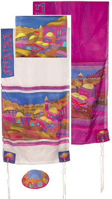 Yair emanuel Hand-Painted Silk Tallit  - Jerusalem Vista color 21" x 77"  TS-5