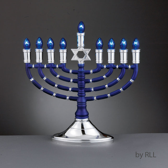 Premium Blue & Silver Electric Menorah with Blue Bulbs