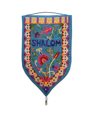 Small Teal English Shalom and Border Shield Tapestry - Riverdale Judaica