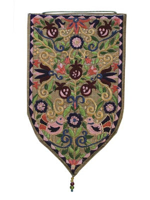Gold Birds and Pomegranates Large Shield Tapestry - Riverdale Judaica