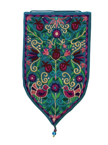 Teal Birds and Pomegranates Large Shield Tapestry
