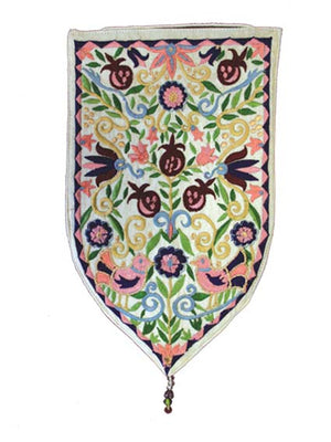 White Birds and Pomegranates Large Shield Tapestry - Riverdale Judaica