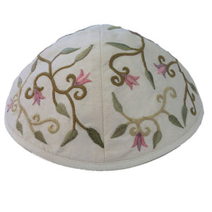 White Flowers Embroidered Kippah - Riverdale Judaica