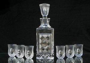 Set of 6 Crystal Glass & Silver Cups and Bottle Decanter ( 16684 ) - Riverdale Judaica