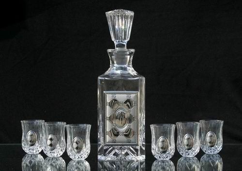 Set of 6 Crystal Glass & Silver Cups and Bottle Decanter ( 16684 )