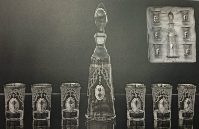 Liquor Glass cups and Decanter silver trim ( 16767 )