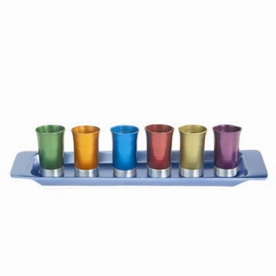 Set of 6 Anodized Aluminum Cups with Tray Multicolor (EM-GS6A) - Riverdale Judaica