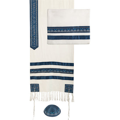 Embroidered Stripes Tallit - White / Blue (EM-TAD1B)