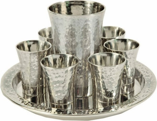 Nickel Kiddush Set - Cup + 6 Cups + Tray - Hammer work Silver (EM-GSA1) - Riverdale Judaica