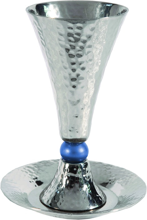 Anodized Aluminum Kiddush Cup & Tray Hammered Cone Shape Silver / Blue (EM-CUC2) - Riverdale Judaica