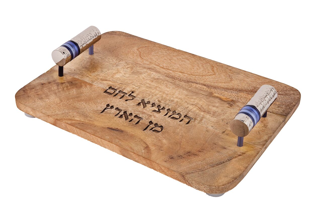 Emanuel Wood Challah Board w/ Metal Cylinder Handles-- Blue Rings (EM-CBC2) - Riverdale Judaica