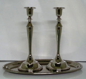Nickel plated candlesticks with tray (CS-23002N) - Riverdale Judaica
