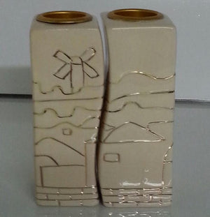 Karshi Ceramic Fitted Candle Holder Jerusalem of Gold (CS-5960) - Riverdale Judaica