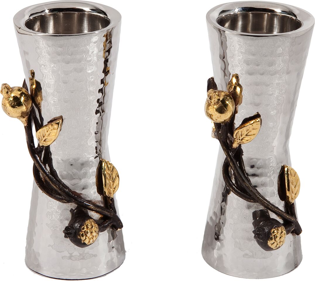 Emanuel Small Hammered Candlesticks with Pomegrante Branch (EM-CSW1) - Riverdale Judaica