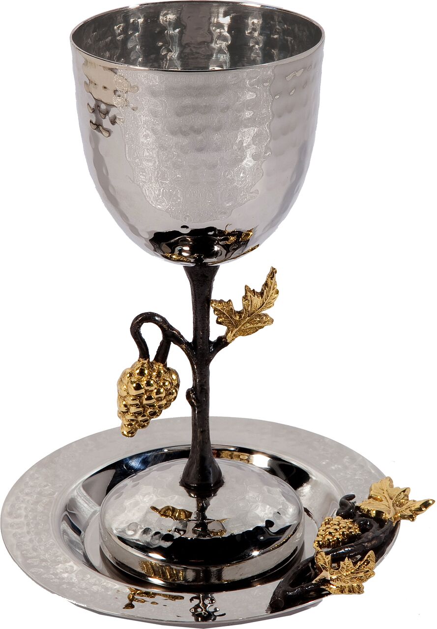 Emanuel Tall  Hammered Kiddush Cup with Grape Branch (EM-CUN2) - Riverdale Judaica