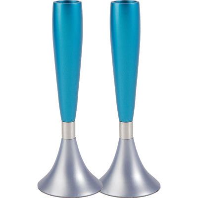Anodized Aluminum Shabbat Candlesticks Large Turquoise/ Silver (EM-CMM6) - Riverdale Judaica