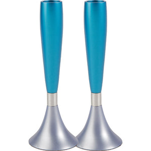 Anodized Aluminum Shabbat Candlesticks Large Turquoise/ Silver (EM-CMM6) - Riverdale Judaica