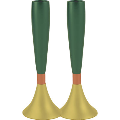 Anodized Aluminum Shabbat Candlesticks Large Green / Gold (EM-CMM8) - Riverdale Judaica