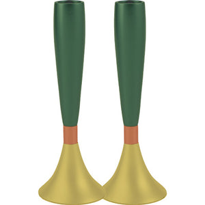Anodized Aluminum Shabbat Candlesticks Large Green / Gold (EM-CMM8) - Riverdale Judaica